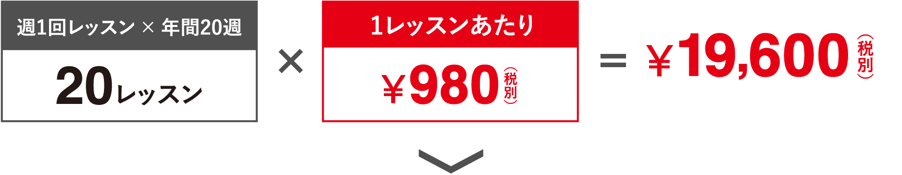 週1回レッスン × 年間20週 20レッスン × 1レッスンあたり¥980円（税別）＝￥19,600