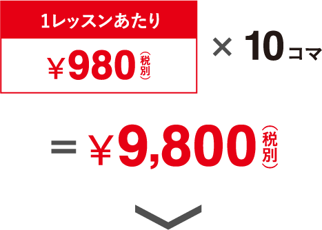 1レッスンあたり ¥980円（税別）× 10コマ＝￥9,800